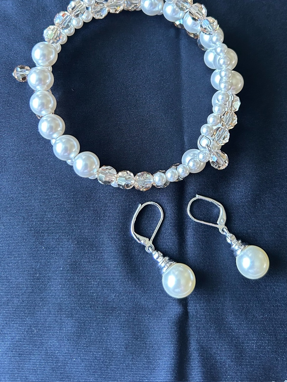 Multi-Strand Pearl and Crystal Coil Bracelet & Cream Pearl Earrings - Picture 2 of 3